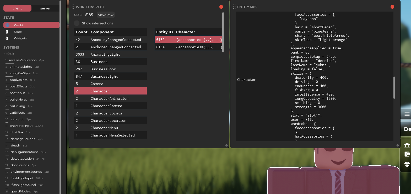 Matter debugger displaying the details of a selected Character component
